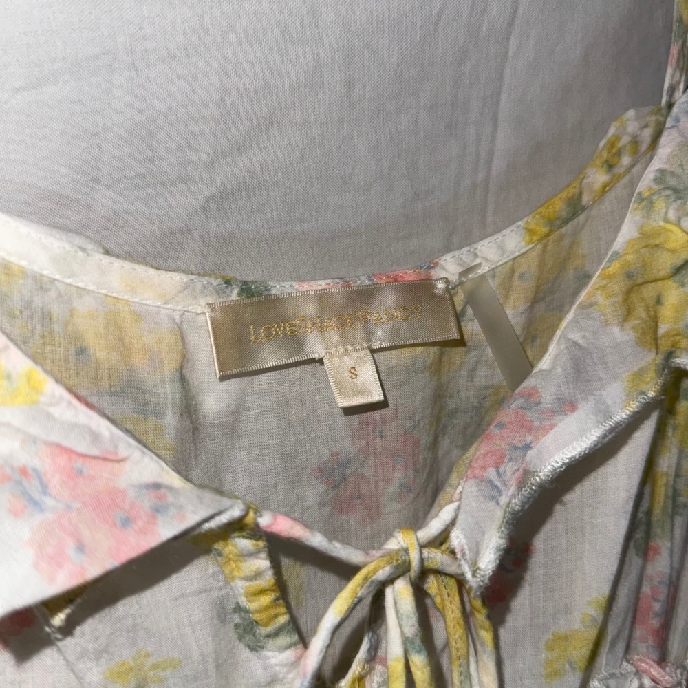 LoveShackFancy Yellow Floral Cotton Tiered Mini Dress Ruffle Straps Size Small - Picture 2 of 9